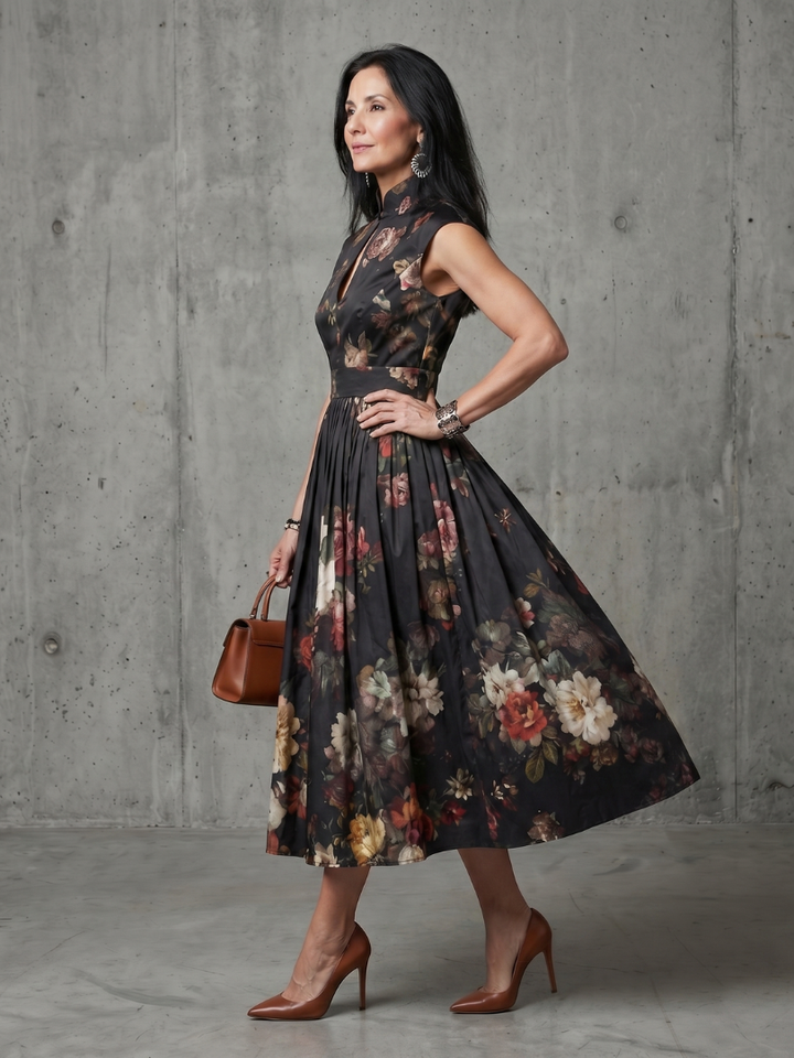 Esther | High-Neck Keyhole Floral Midi Dress