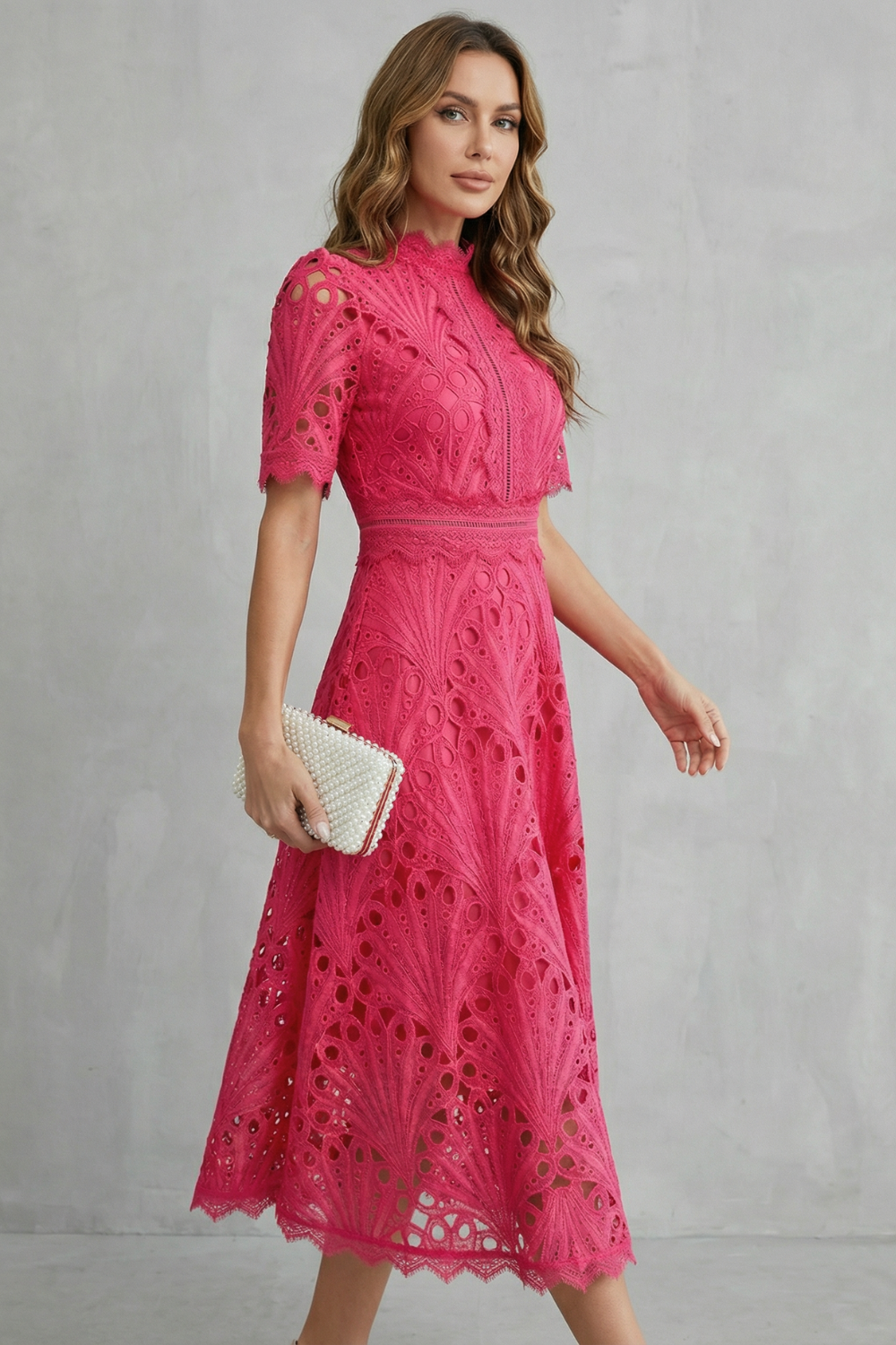 Penelope | Openwork Midi Dress with Elegant High Neckline
