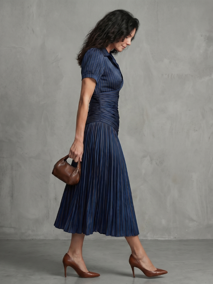 Marleigh | Pleated Pinstripe Midi Dress