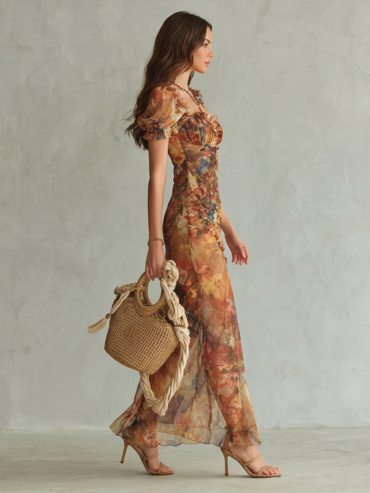 Camilla | Ruffled-Sleeve Ruched Midi Dress