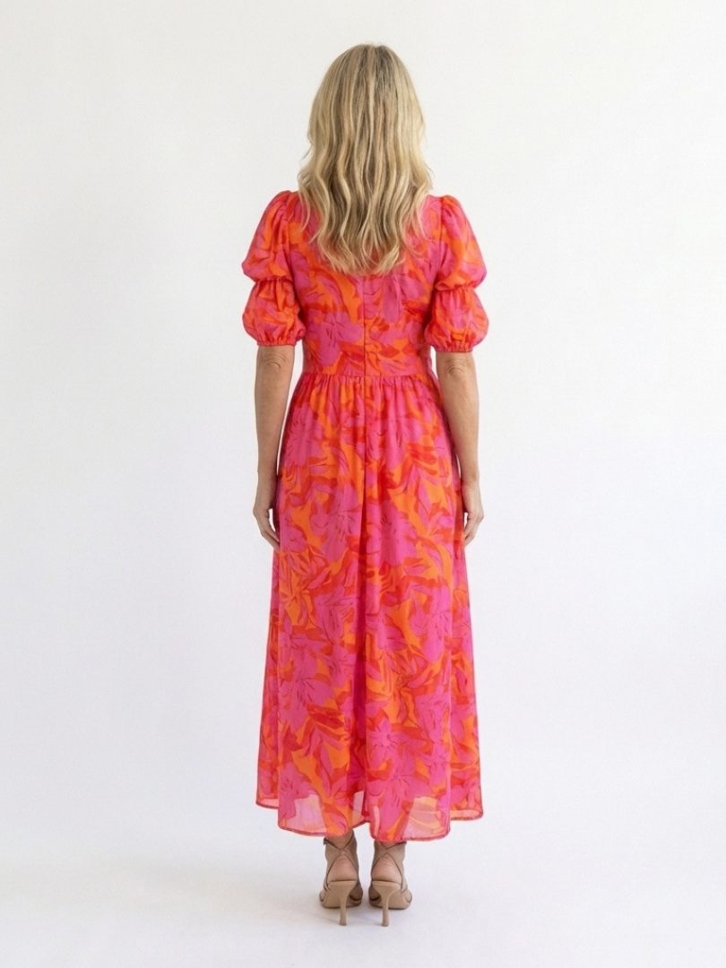Claire | Floral V-Neck Puff Sleeve Midi Dress