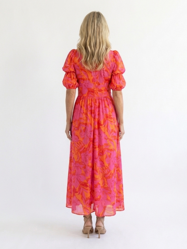 Claire | Floral V-Neck Puff Sleeve Midi Dress
