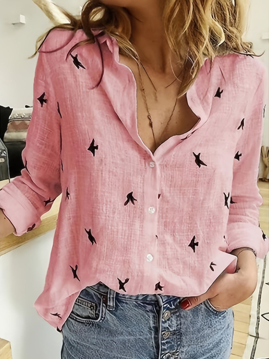 Phoebe | Bird Print Button-Up Shirt