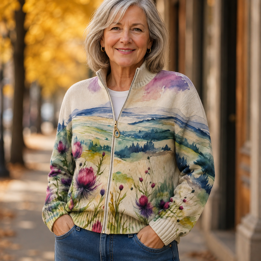 Fenella | Watercolor Landscape Zip Cardigan