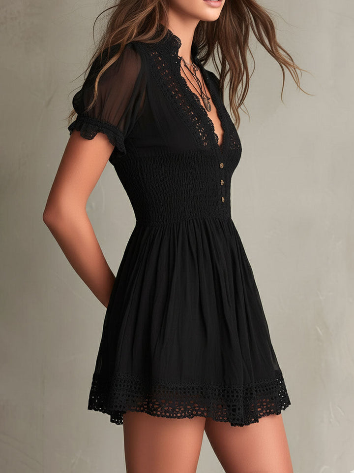 Elsie | Smocked Lace-Trim Mini Dress