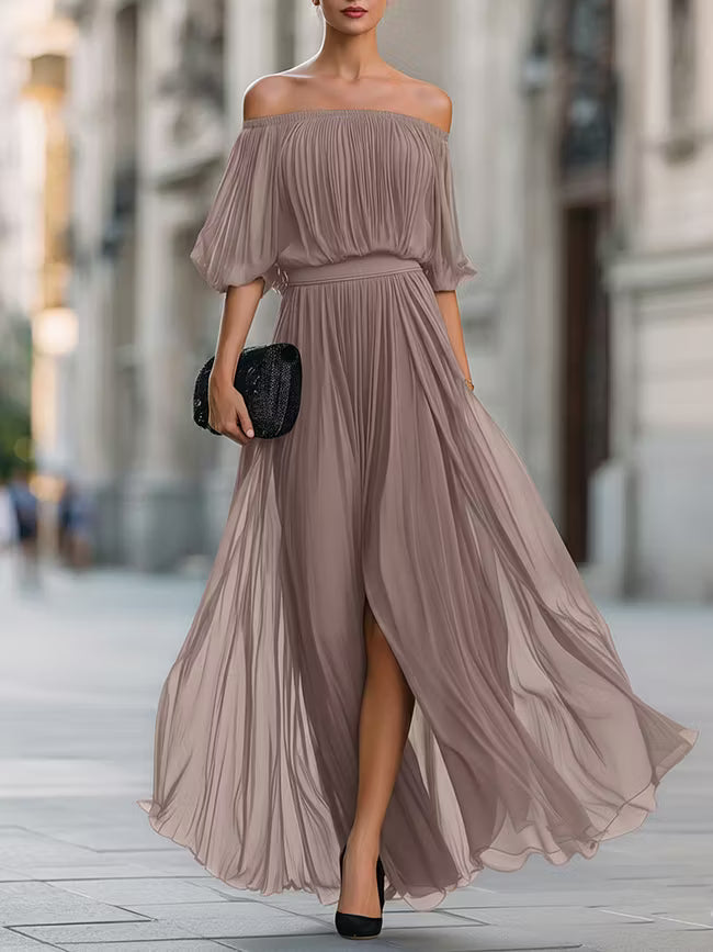 Nora | Off-Shoulder Pleated Flowing Maxi Dress