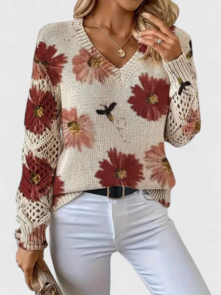 Charlene | Floral Open-Knit V-Neck Sweater
