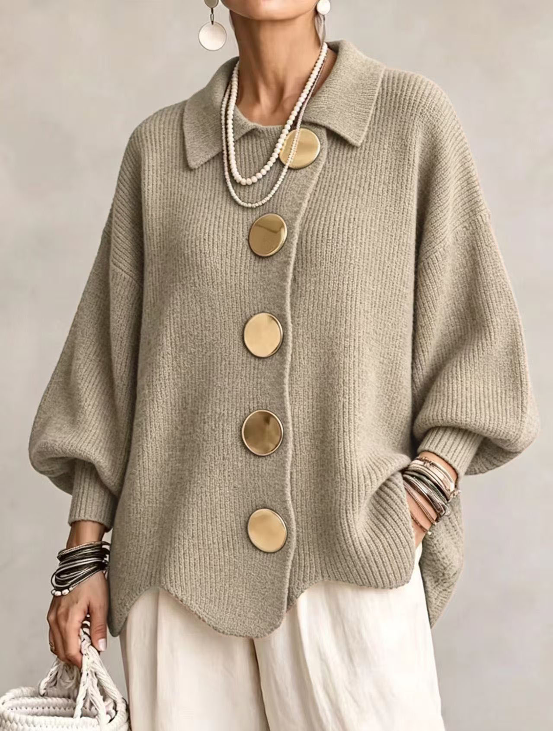 Fabienne | Oversized Collared Statement-Button Cardigan