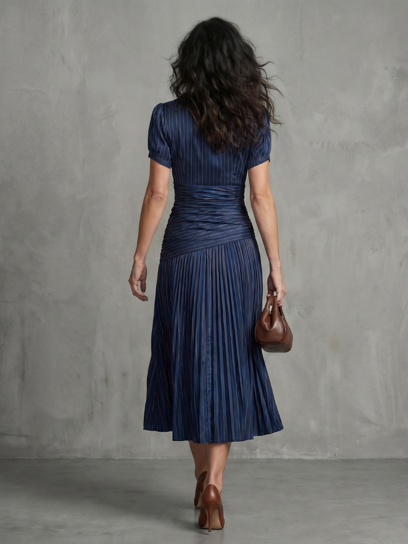 Marleigh | Pleated Pinstripe Midi Dress