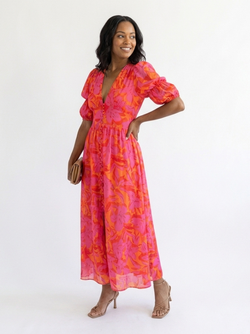 Claire | Floral V-Neck Puff Sleeve Midi Dress