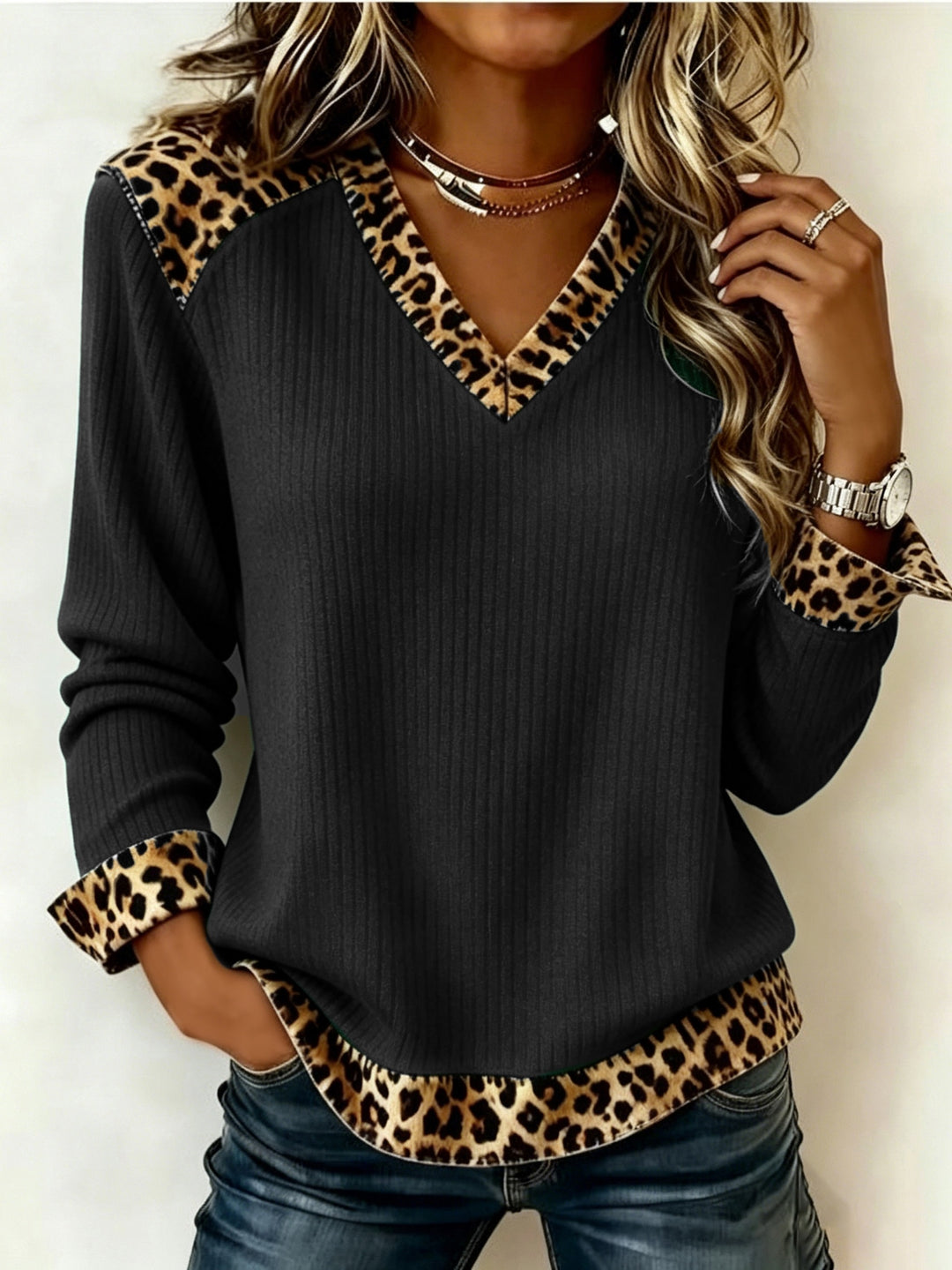 Elodie | Animal-Trim V-Neck Top