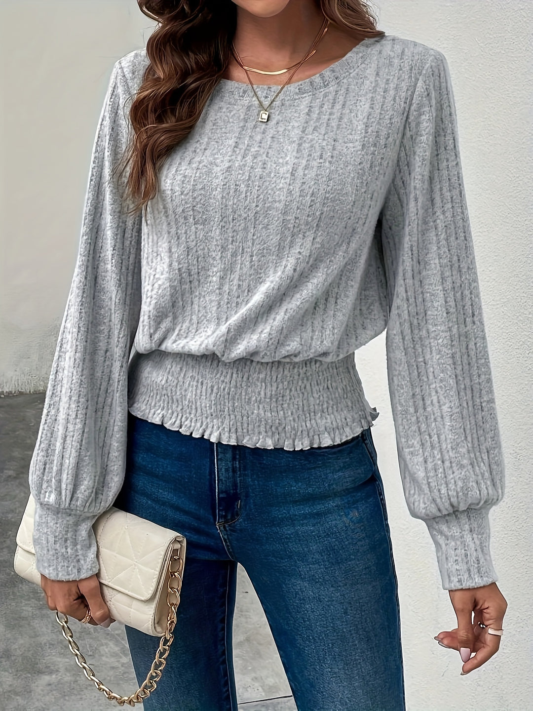 Mara | Smocked-Hem Long Sleeve Top