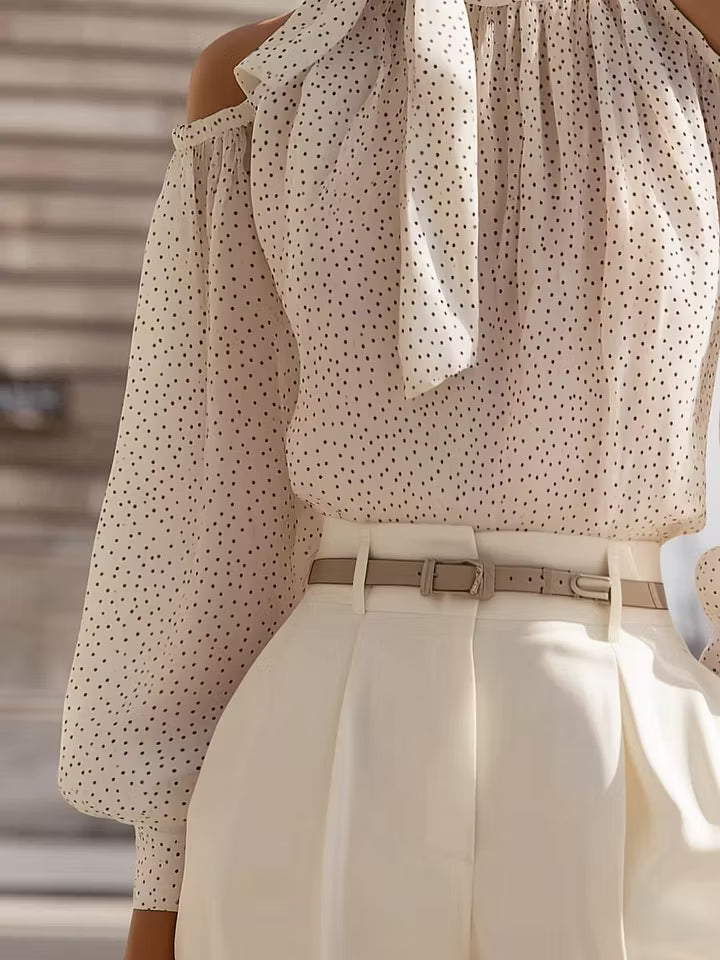 Marceline | Polka Dot Cold-Shoulder Tie-Neck Blouse