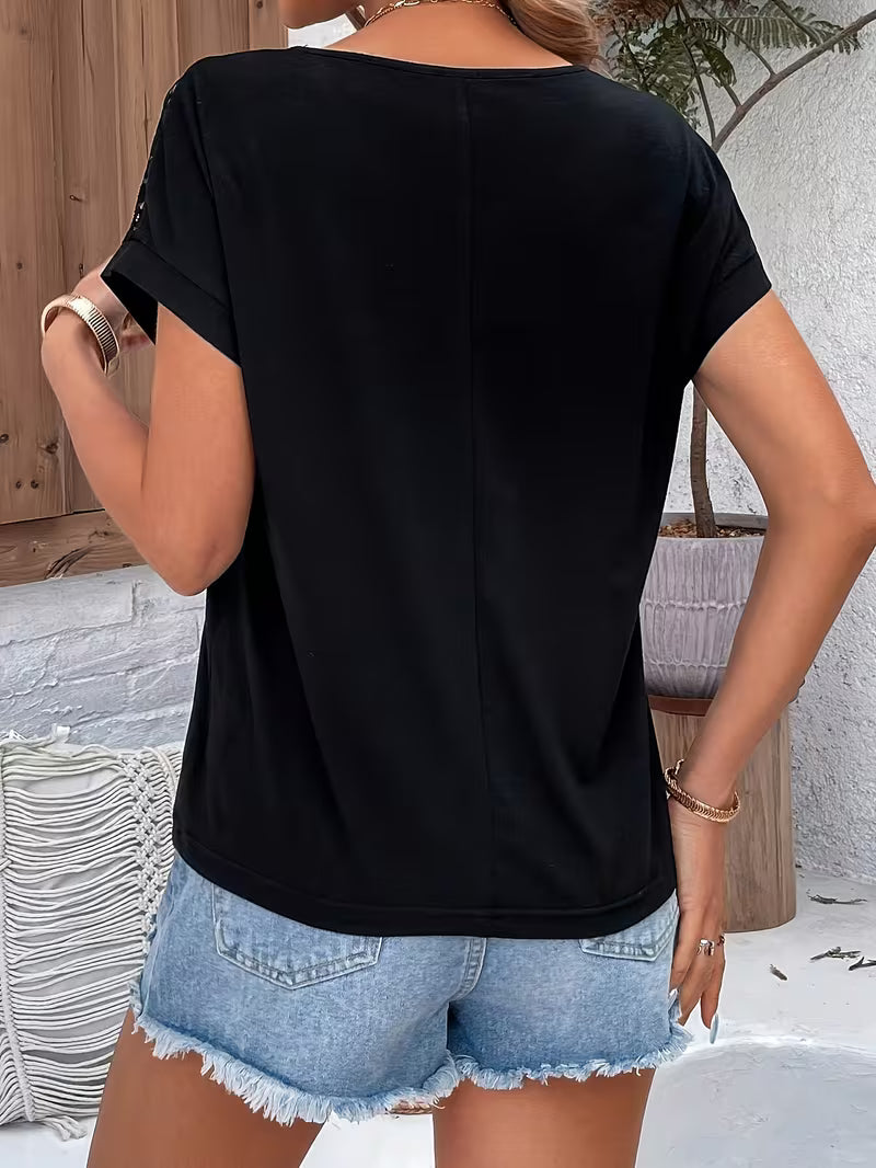 Bianca | Women's Crochet Lace-Yoke Short Sleeve Top