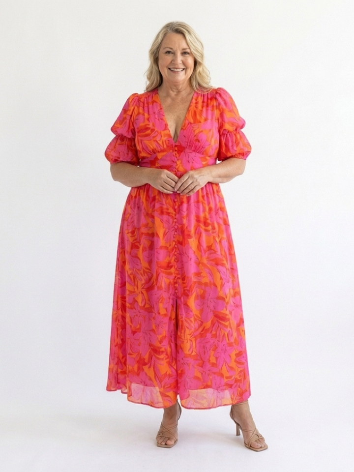 Claire | Floral V-Neck Puff Sleeve Midi Dress