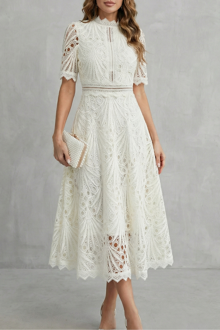 Penelope | Openwork Midi Dress with Elegant High Neckline