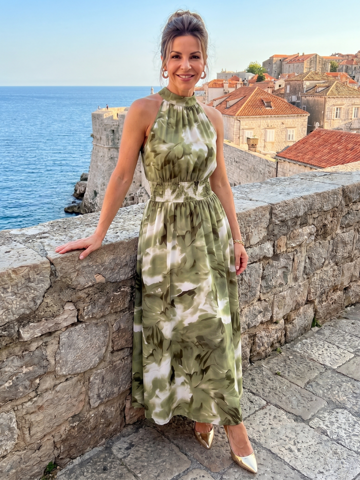 Naomi | Halter Neck Gathered-Waist Midi Dress