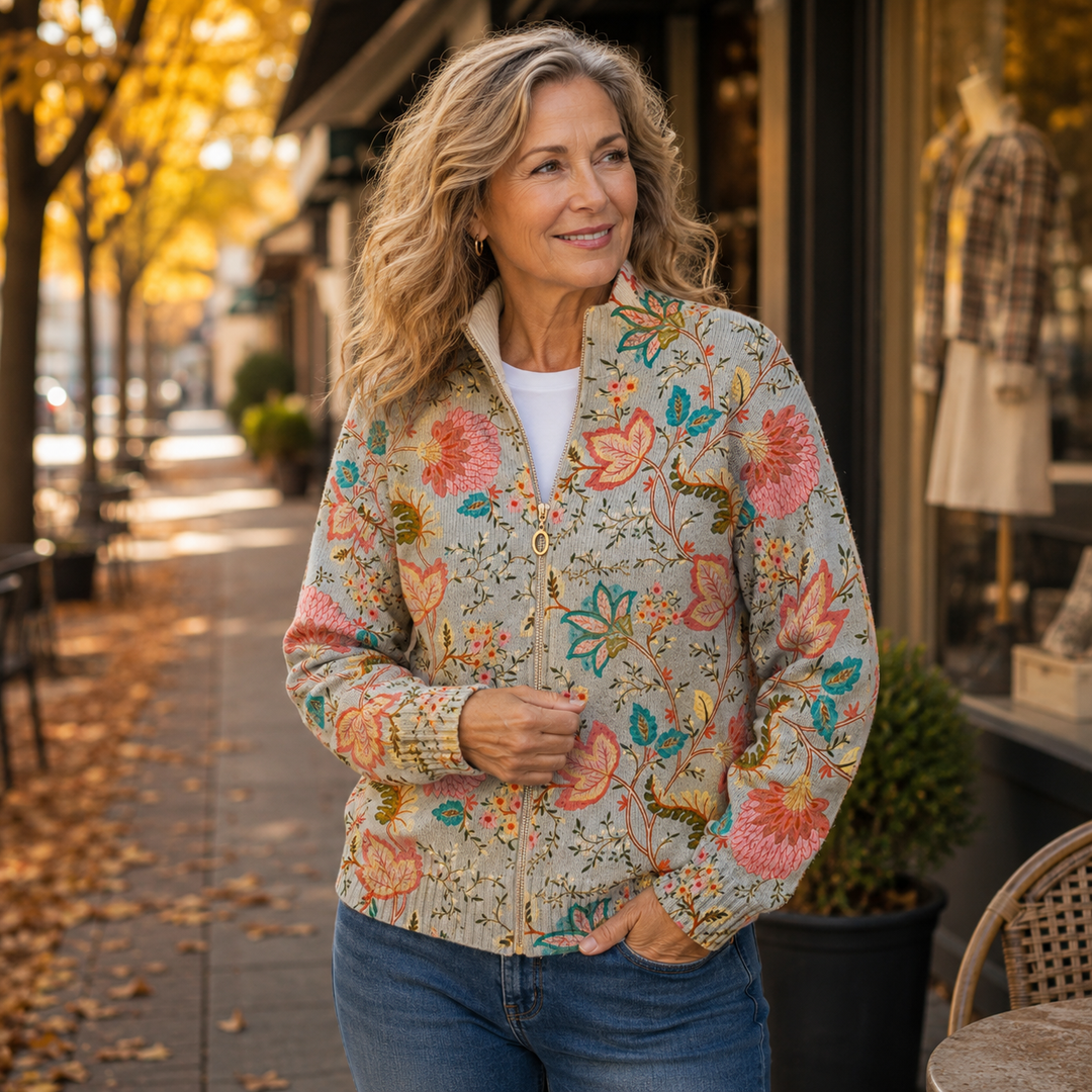 Tansy | Floral Stand-Collar Zip Cardigan