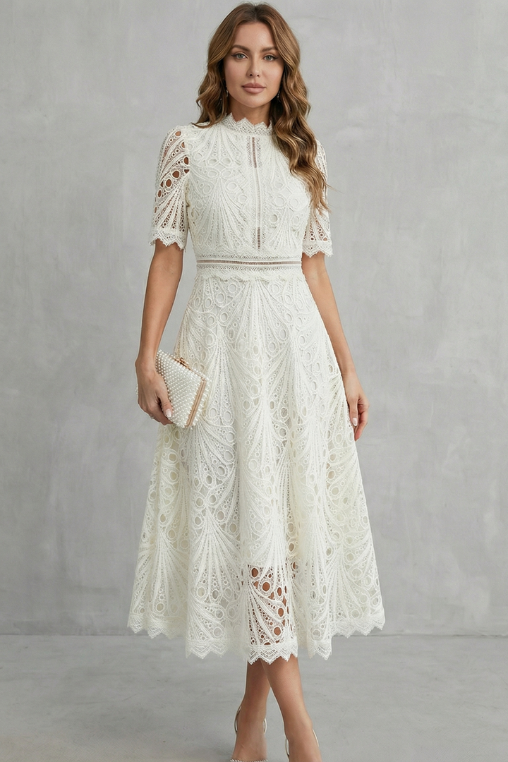 Penelope | Openwork Midi Dress with Elegant High Neckline