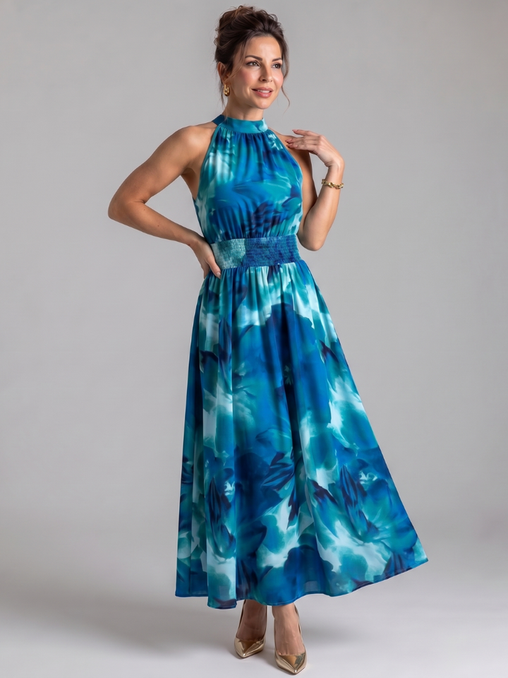 Naomi | Halter Neck Gathered-Waist Midi Dress