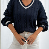 Eileen | Varsity-Trim Cable Knit Sweater