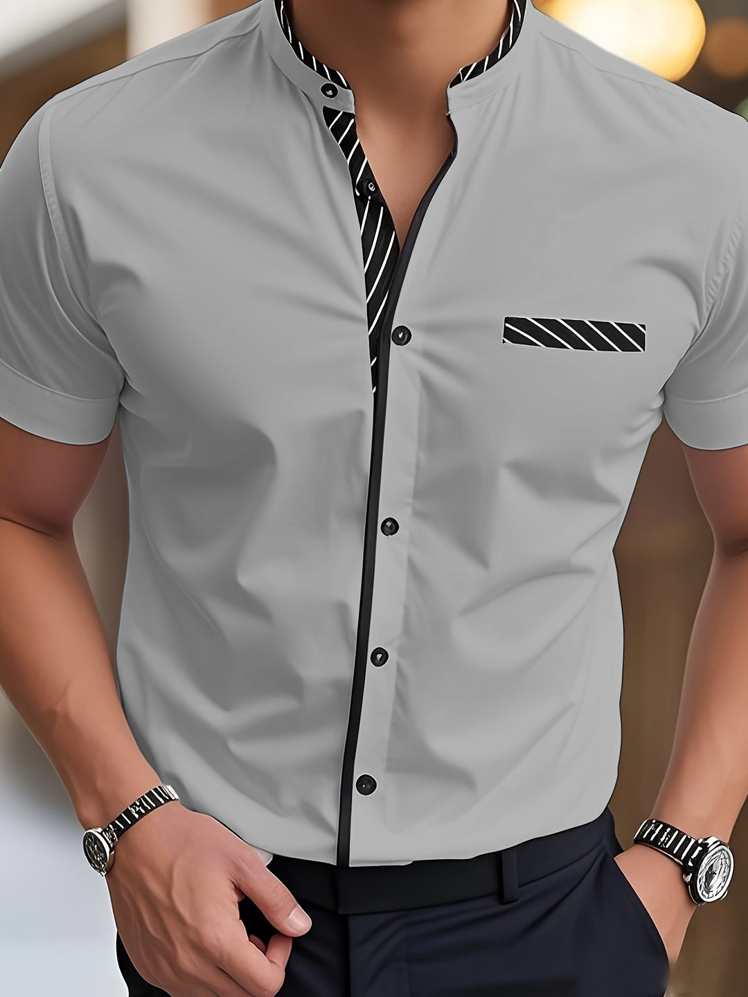 Hutton | Men's Contrast Stand Collar Short Sleeve Shirt