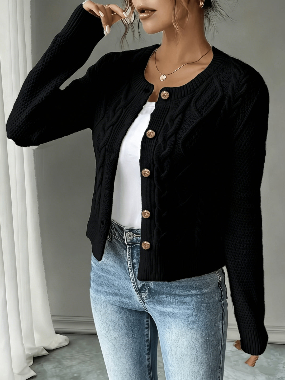 Eleanor | Cable-Knit Button-Front Cardigan