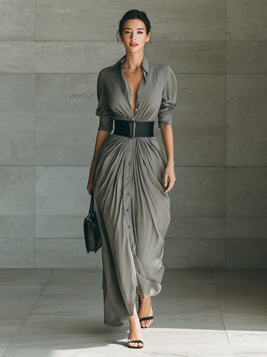 Evelyne | Draped Belted Maxi Dress