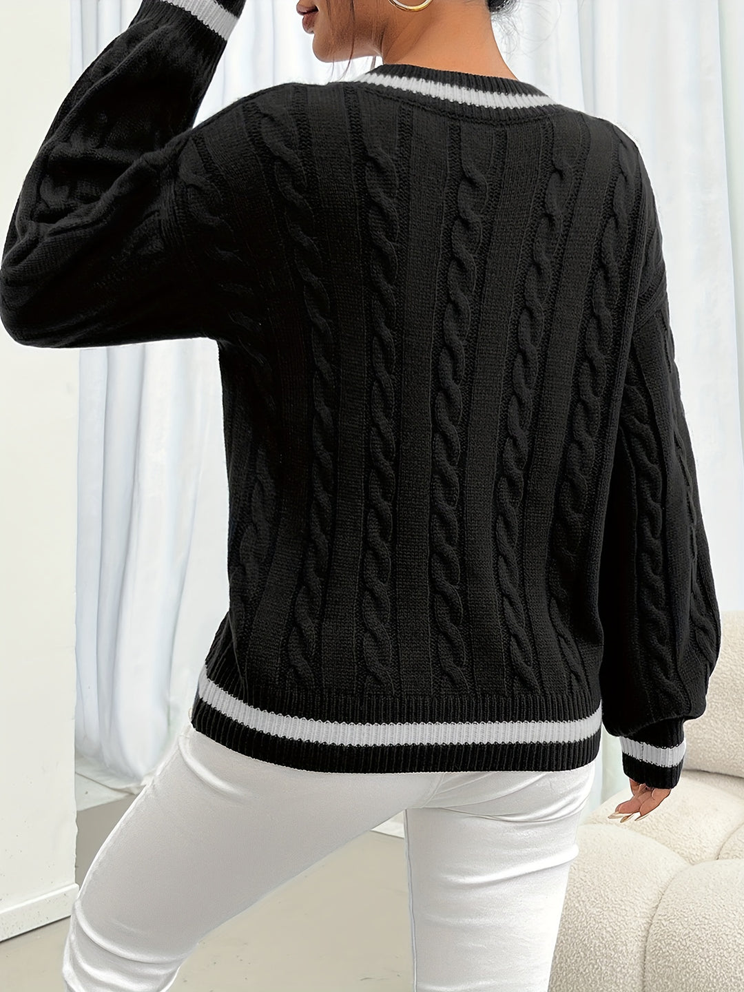 Eileen | Varsity-Trim Cable Knit Sweater