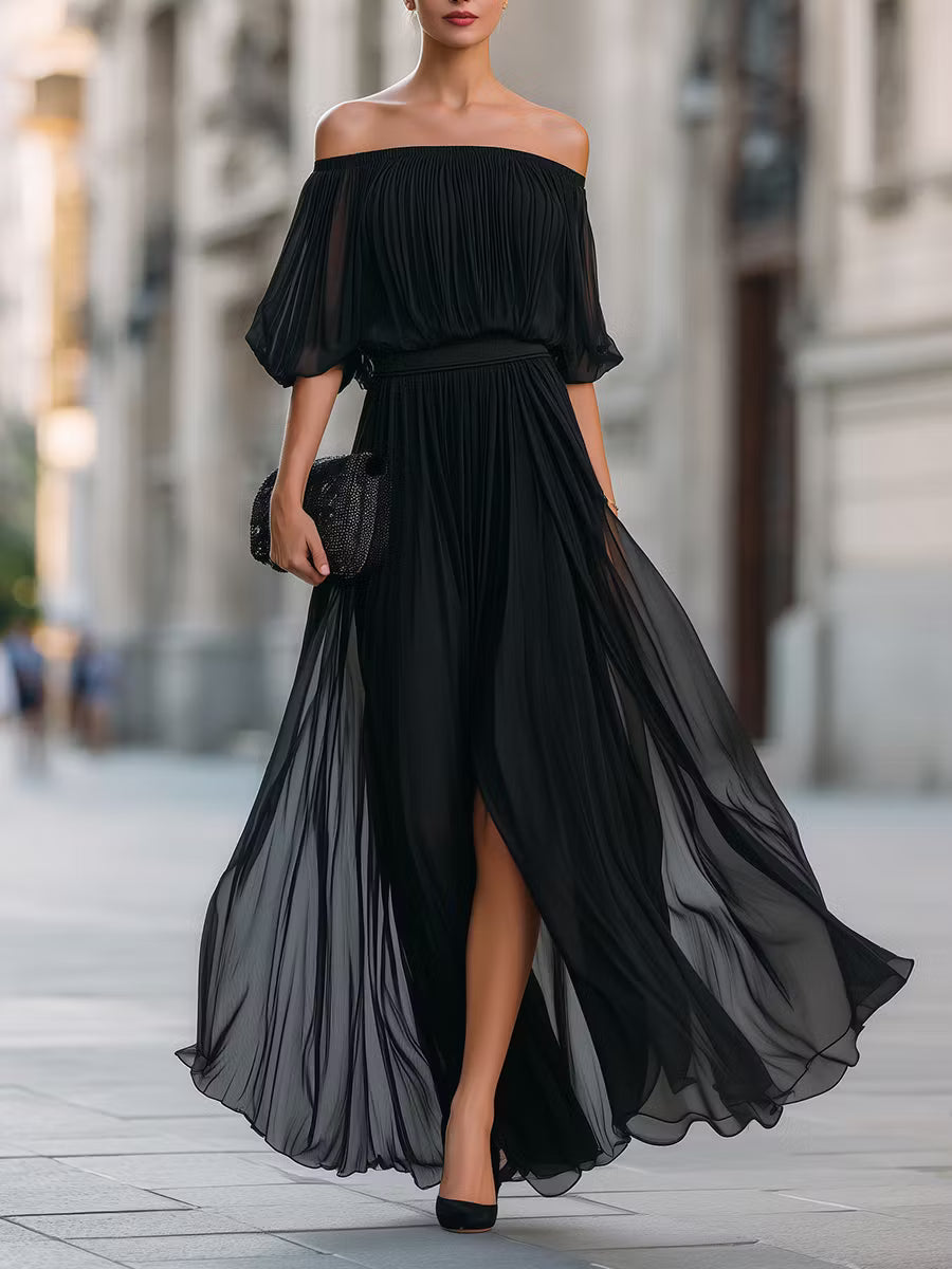 Nora | Off-Shoulder Pleated Flowing Maxi Dress