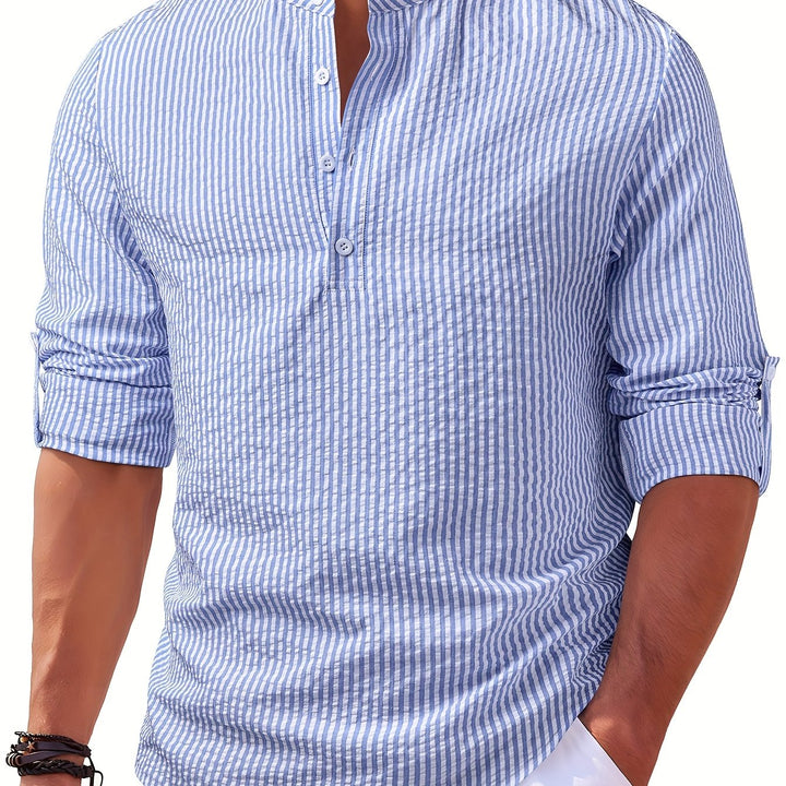 Rowan | Men's Band Collar Long Sleeve Stripe Shirt