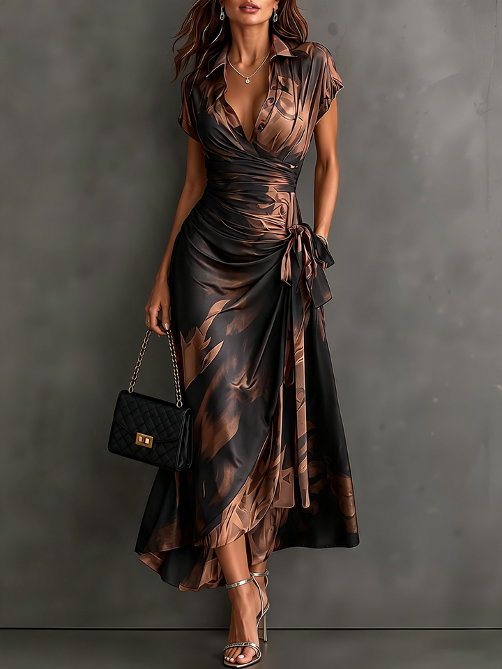 Brielle | Draped Wrap Midi Dress in Abstract Print