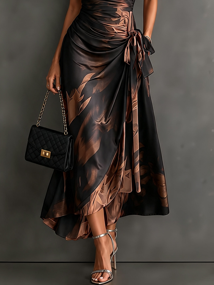 Brielle | Draped Wrap Midi Dress in Abstract Print