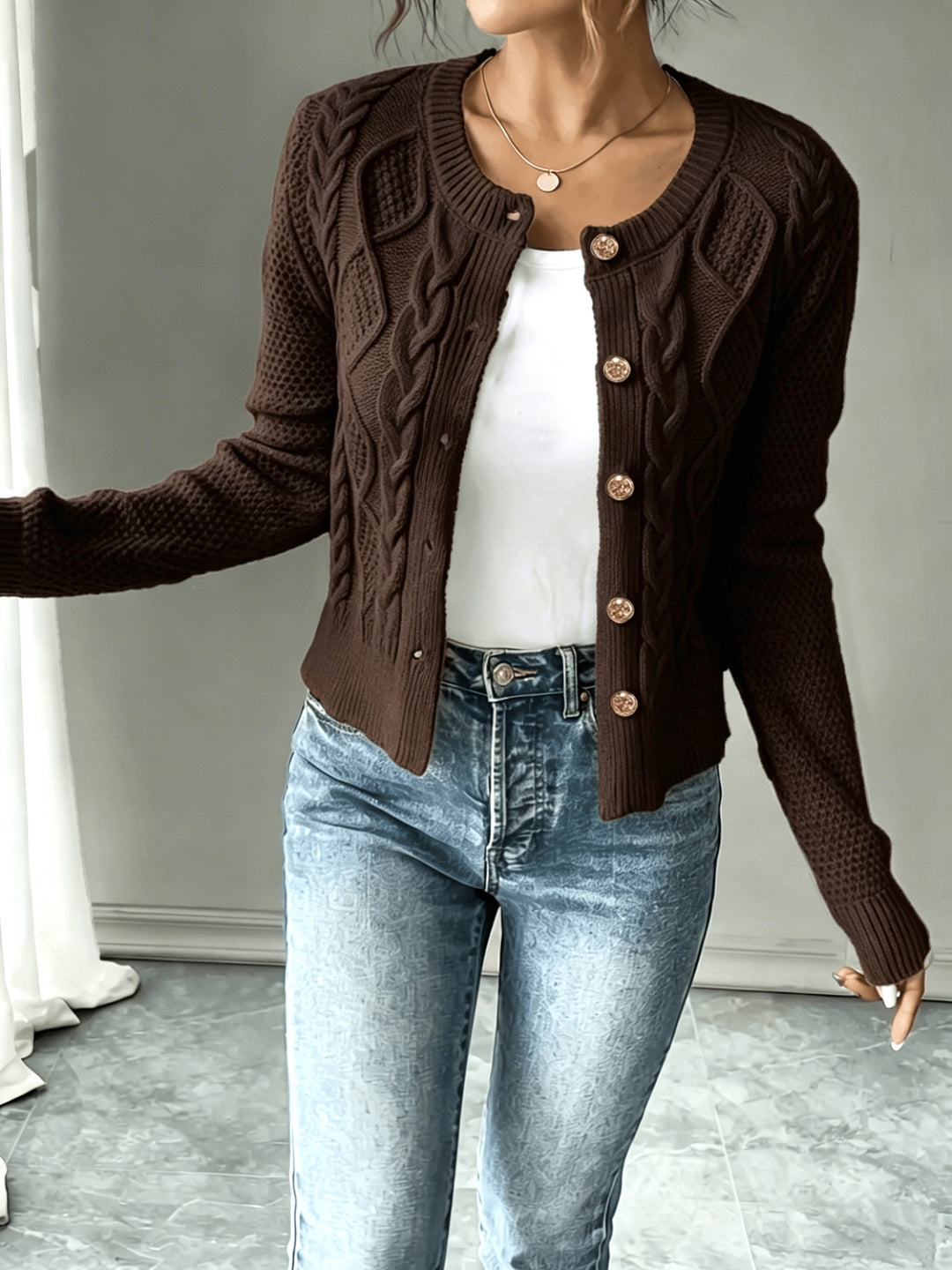 Eleanor | Cable-Knit Button-Front Cardigan