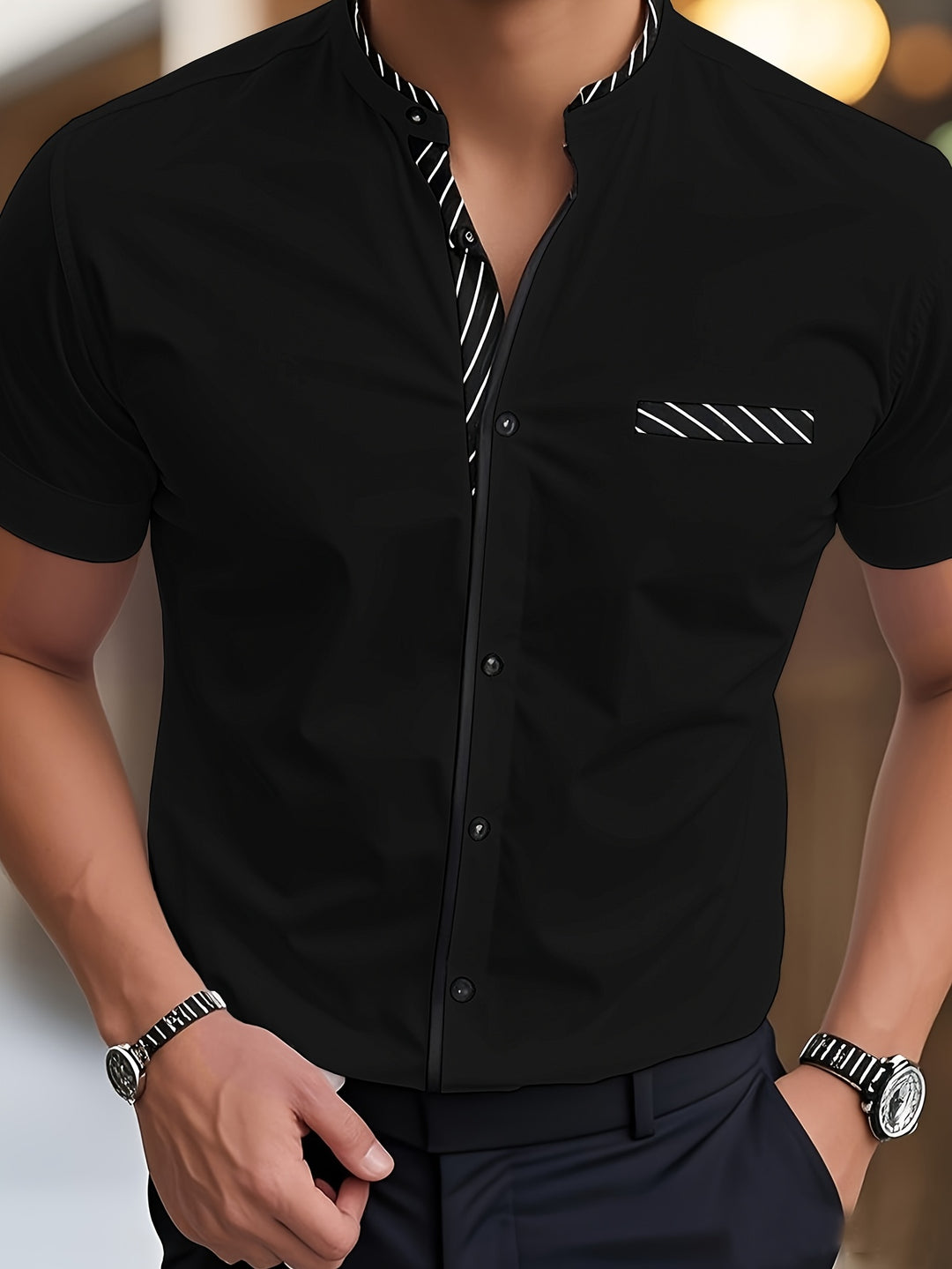 Hutton | Men's Contrast Stand Collar Short Sleeve Shirt