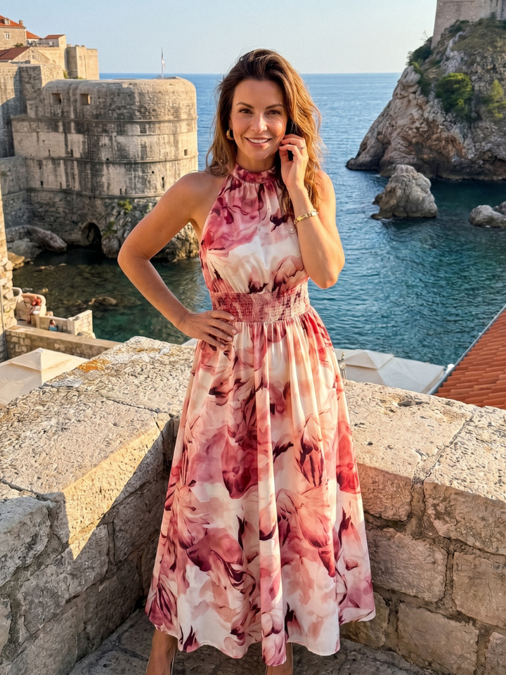 Naomi | Halter Neck Gathered-Waist Midi Dress