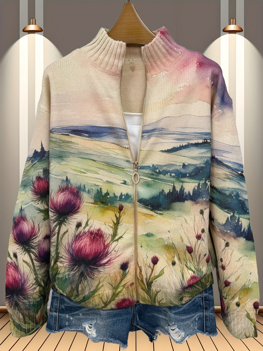 Fenella | Watercolor Landscape Zip Cardigan
