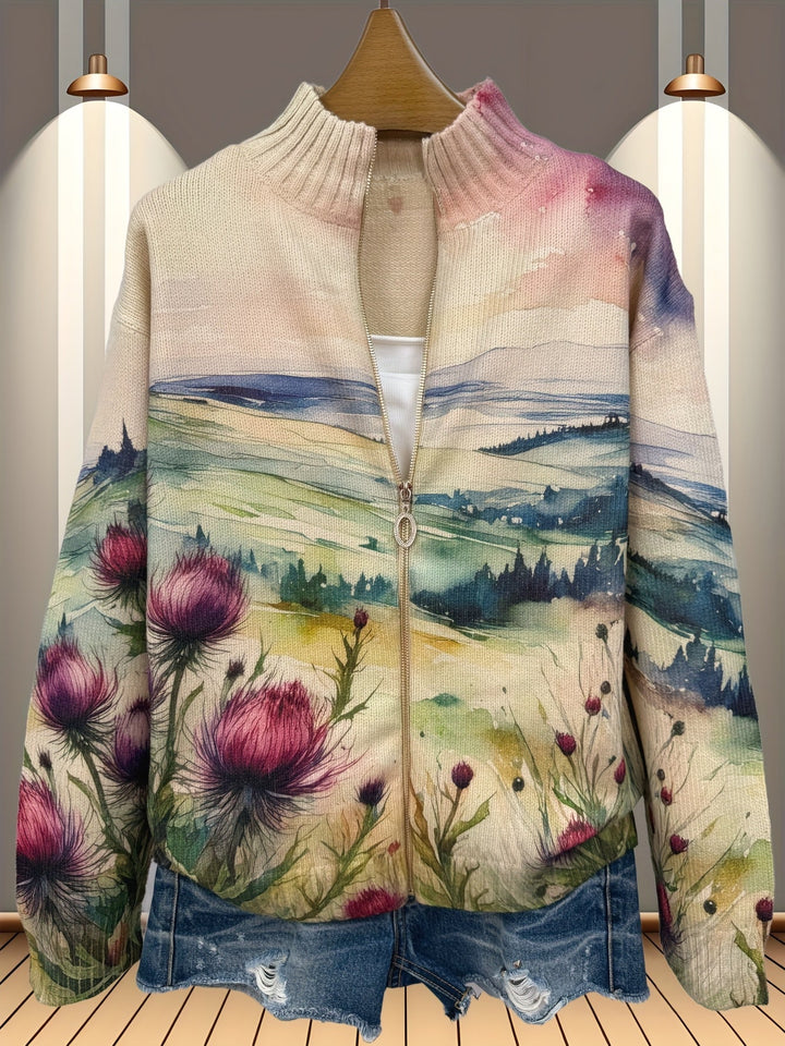 Fenella | Watercolor Landscape Zip Cardigan