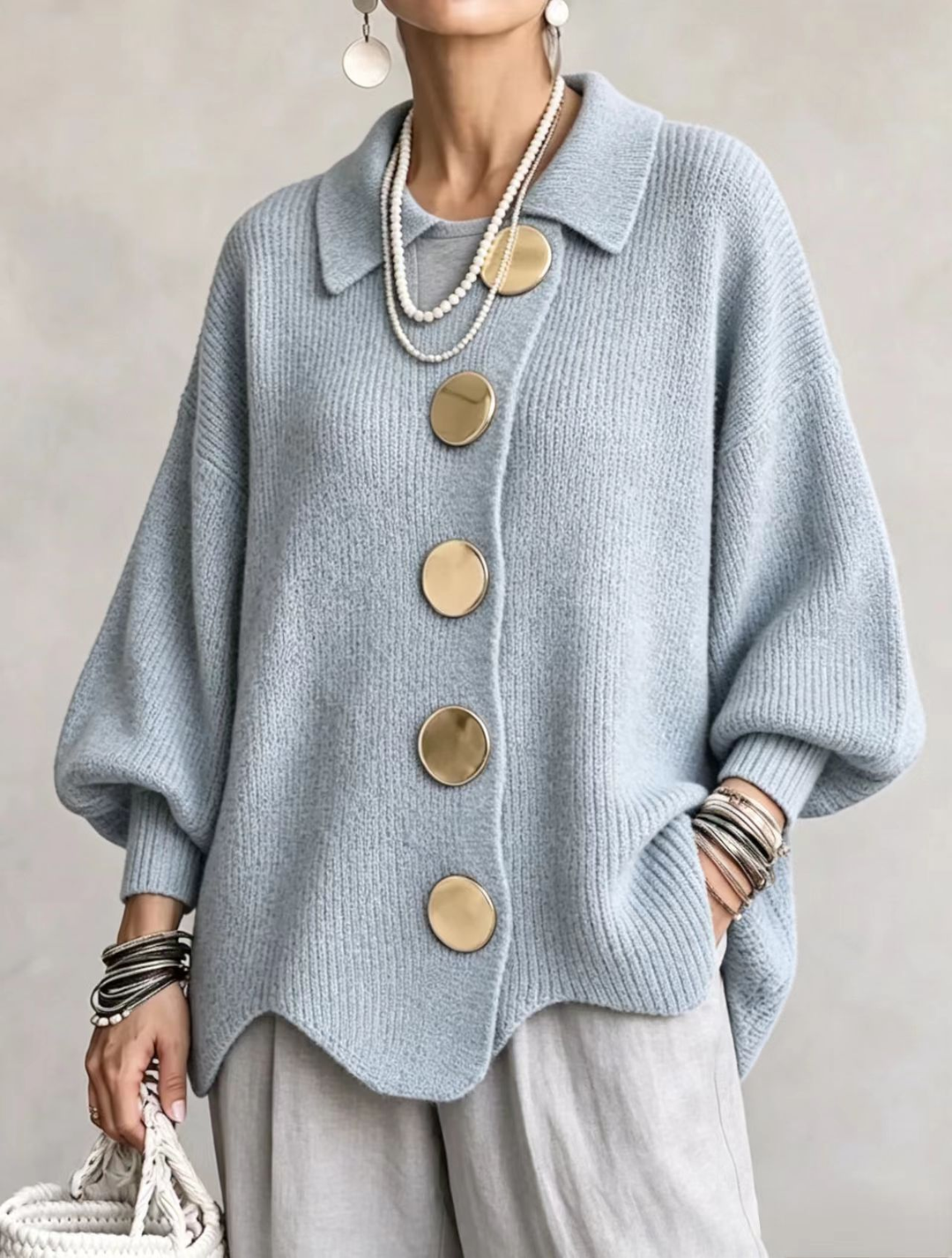 Fabienne | Oversized Collared Statement-Button Cardigan