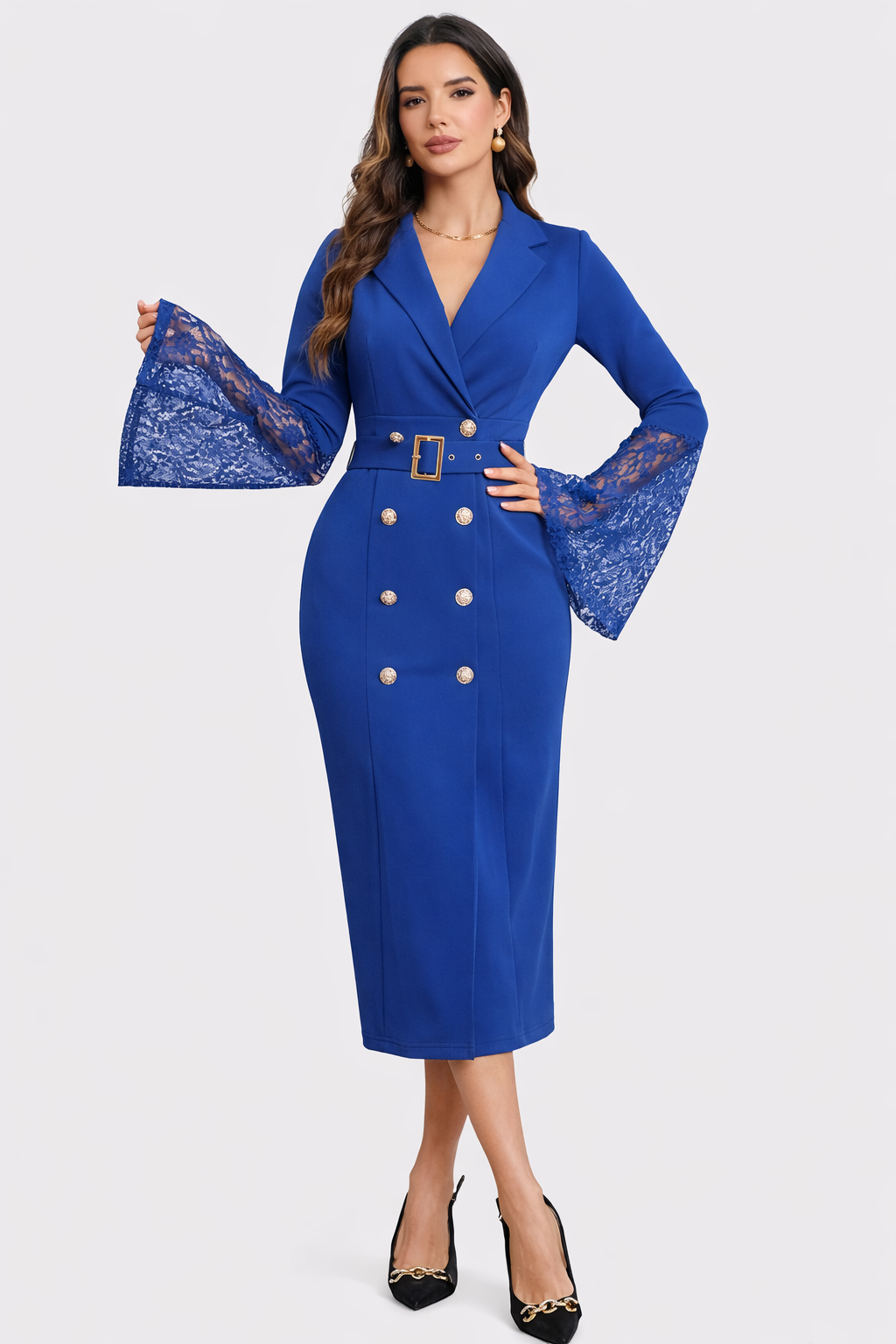 Angelica | Belted Lace-Sleeve Midi Dress