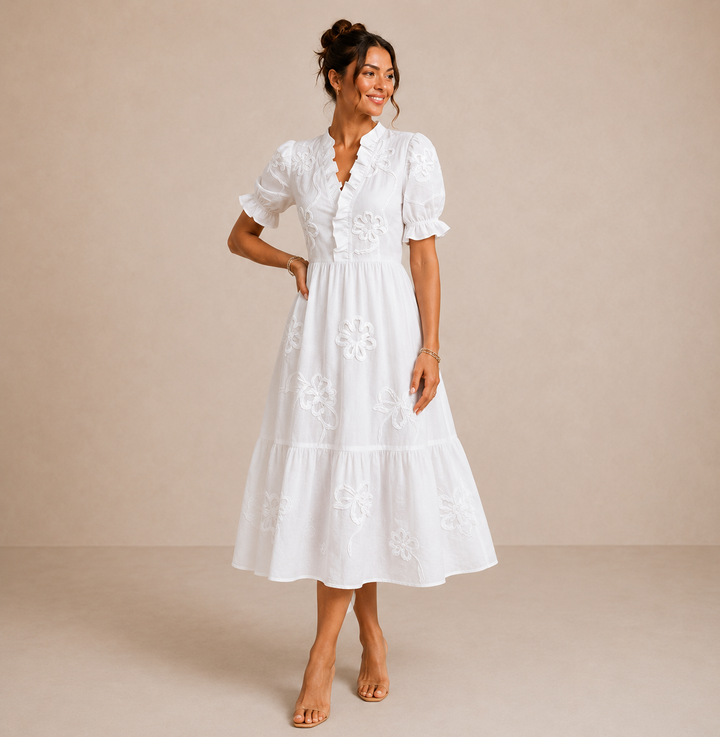 Grace | Embroidered Ruffle Midi Dress