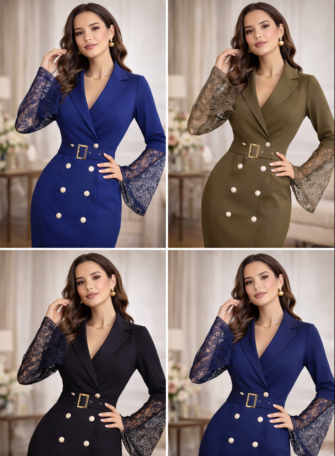 Georgiana | Belted Lace-Sleeve Midi Dress