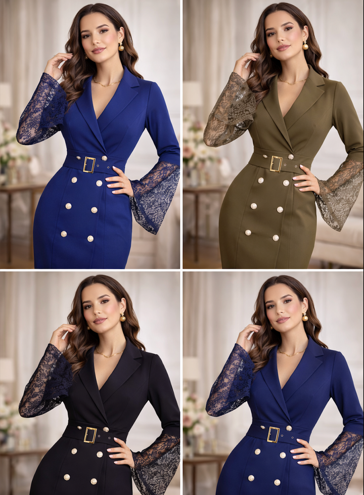 Georgiana | Belted Lace-Sleeve Midi Dress