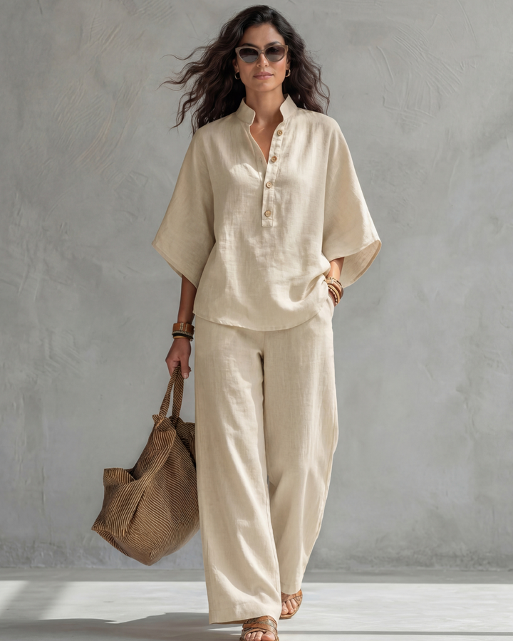 Carla | Women's Linen Henley Top & Wide-Leg Trouser Set