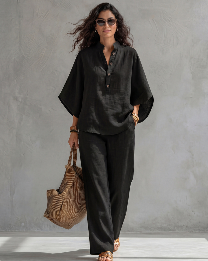 Carla | Women's Linen Henley Top & Wide-Leg Trouser Set