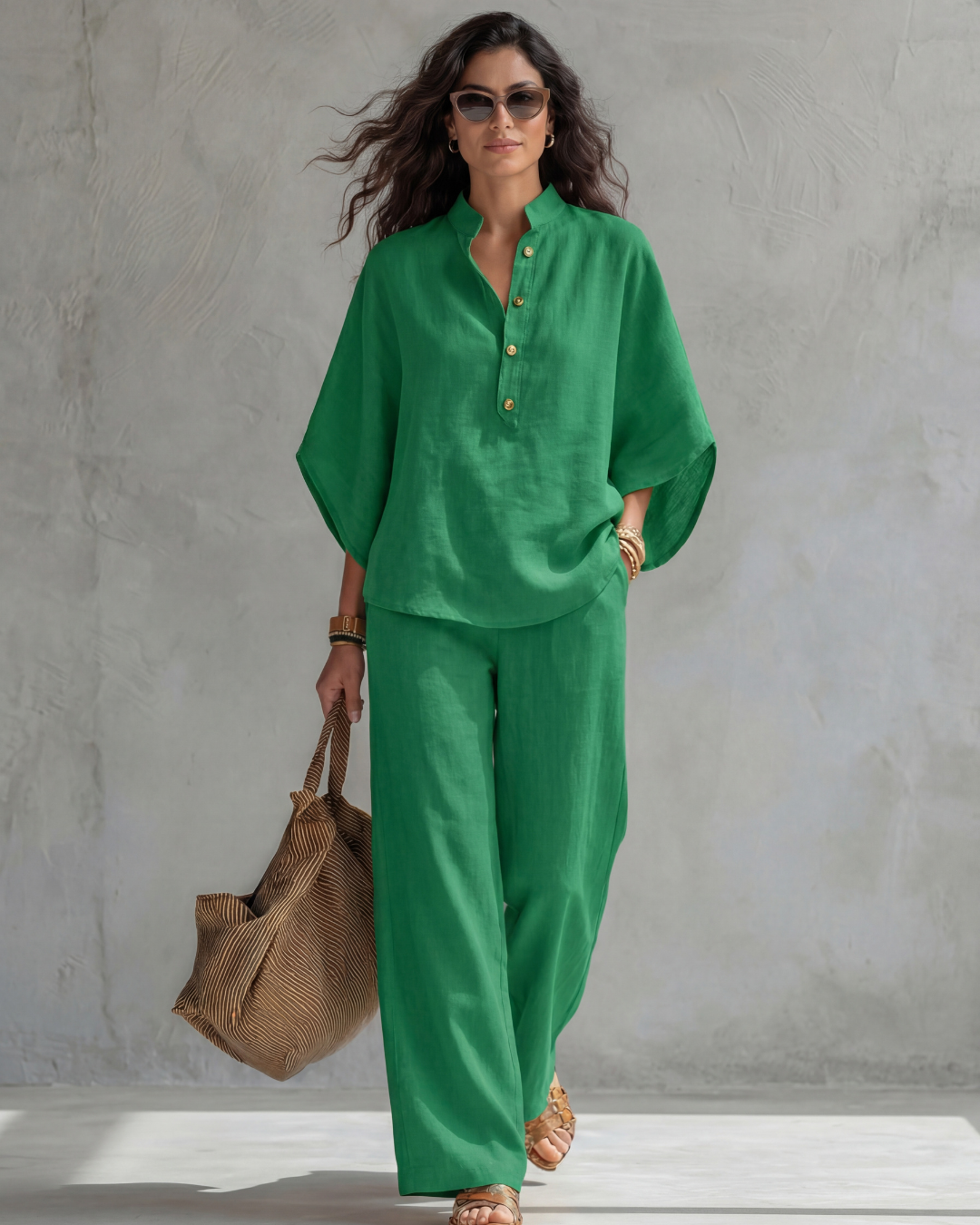 Carla | Women's Linen Henley Top & Wide-Leg Trouser Set