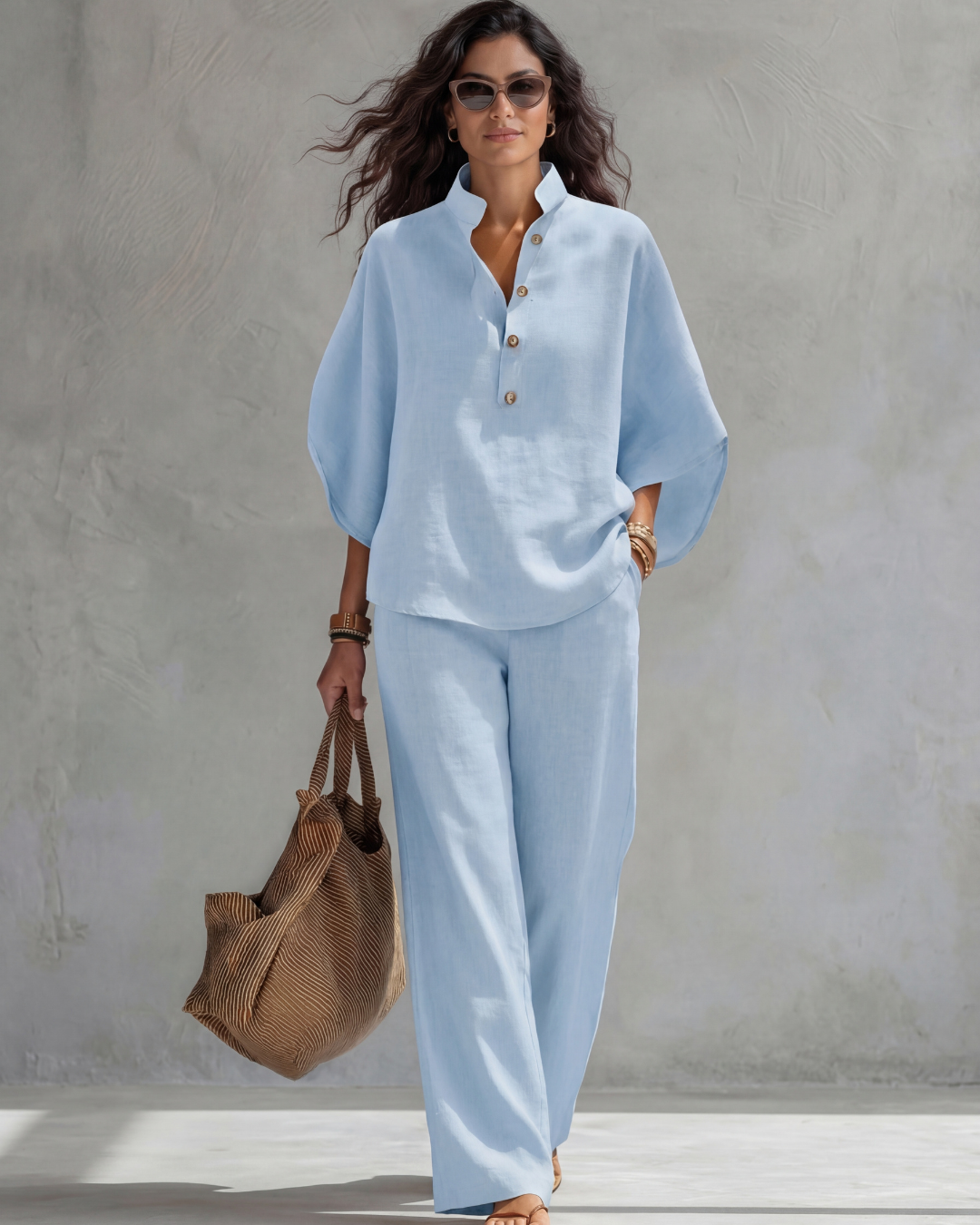 Carla | Women's Linen Henley Top & Wide-Leg Trouser Set