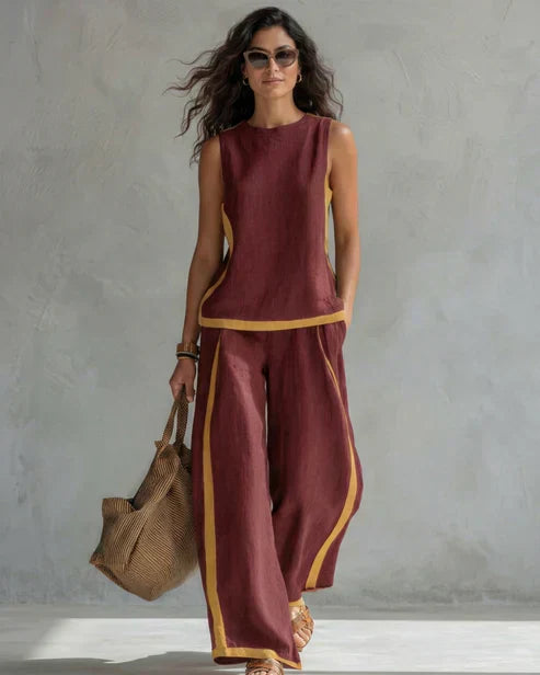 Vivian | Women's Contrast-Trim Tank & Wide-Leg Trouser Set