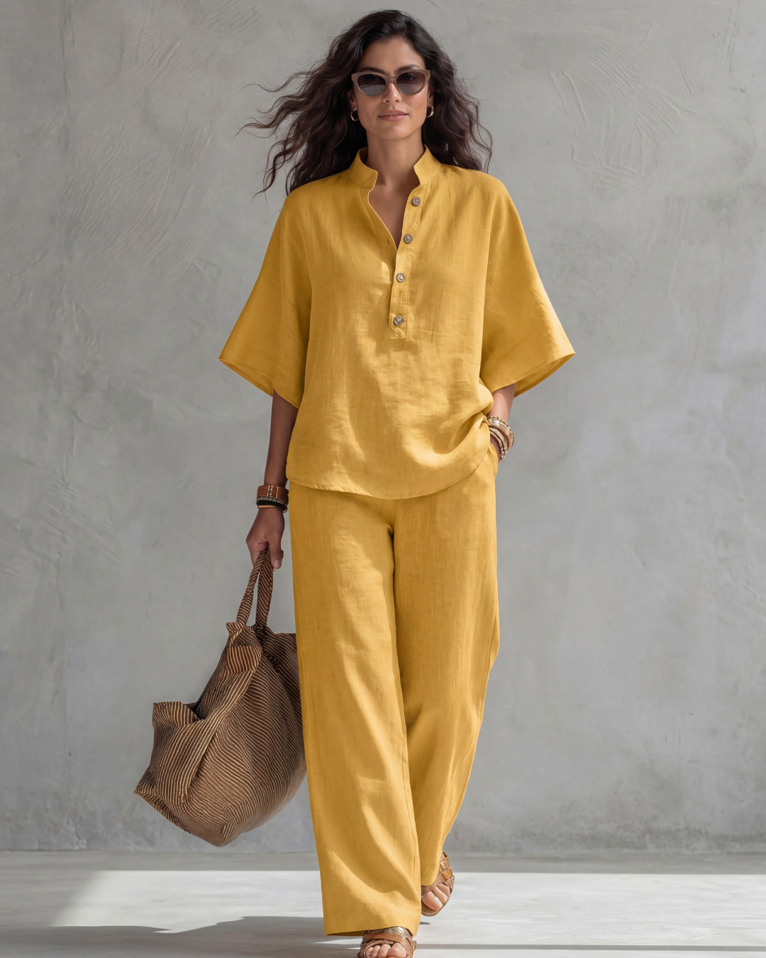 Carla | Women's Linen Henley Top & Wide-Leg Trouser Set