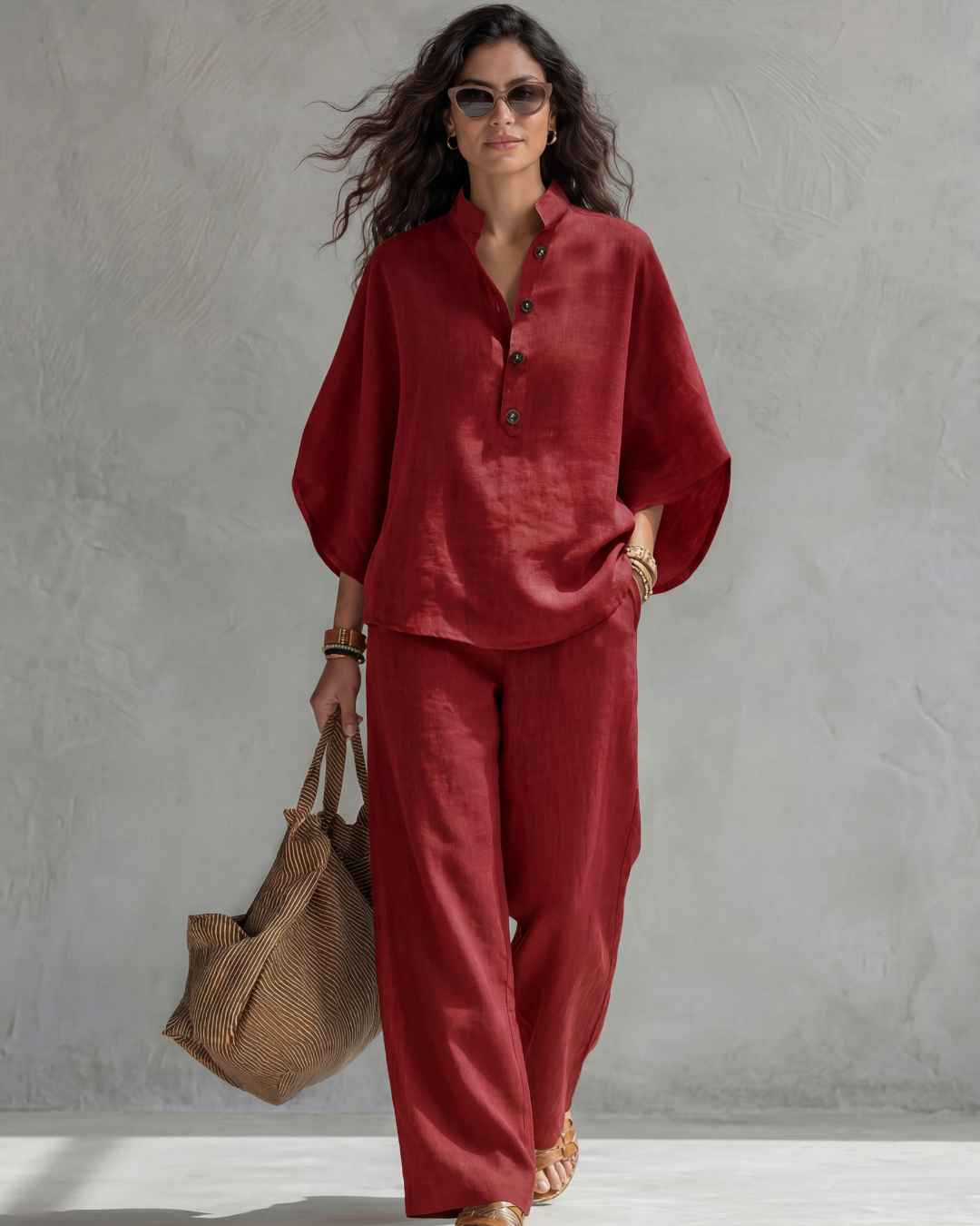 Carla | Women's Linen Henley Top & Wide-Leg Trouser Set
